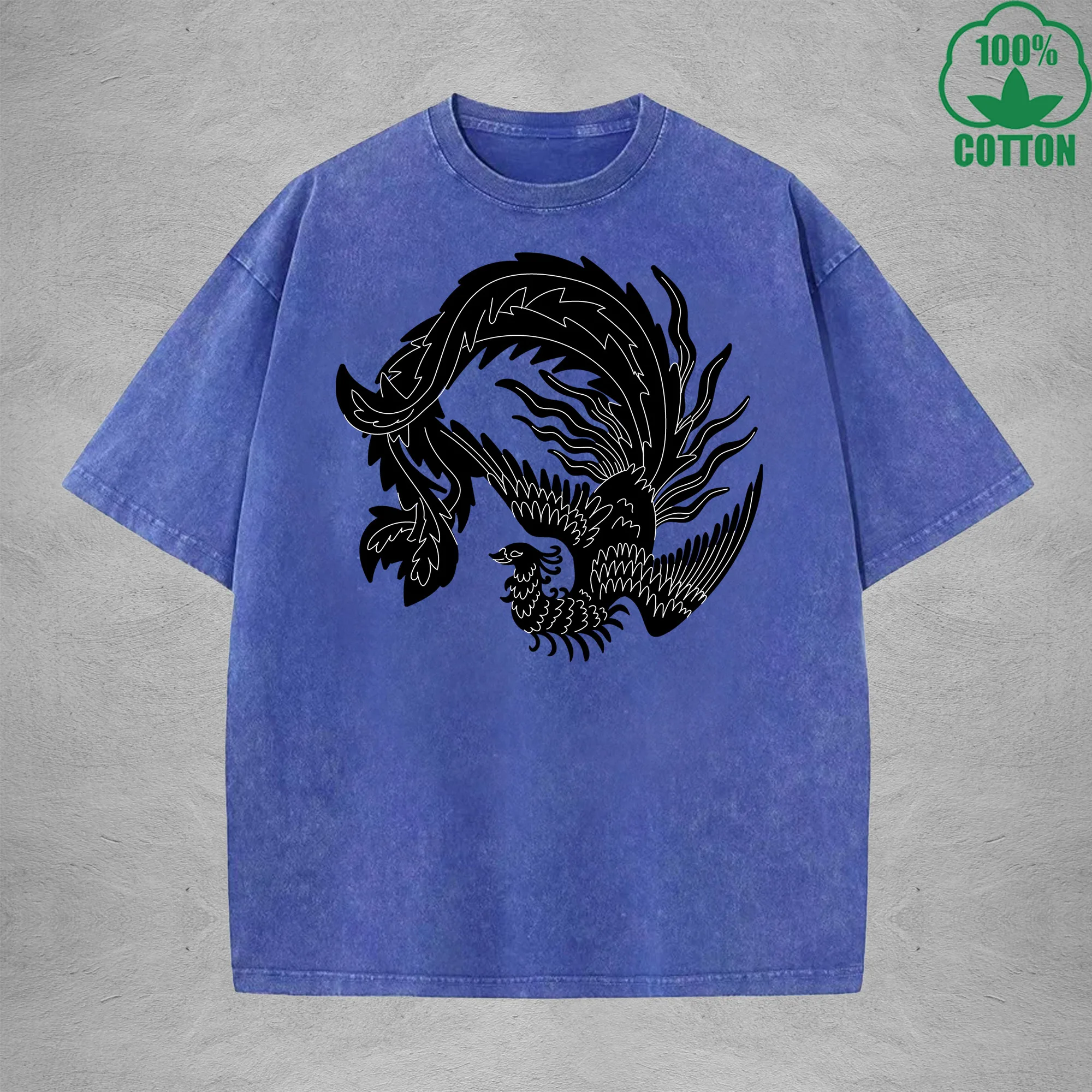 Phoenix Interest Printed Washed T-Shirt 230G Multicolor Loose Trendy Fashionable Cotton Short Sleeve Top