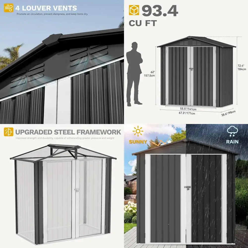 

Прочный уличный металлический навес размером 6x4 фута с запираемым местом для хранения вещей, большой стальной садовый навес для патио, газона и гаража, серый