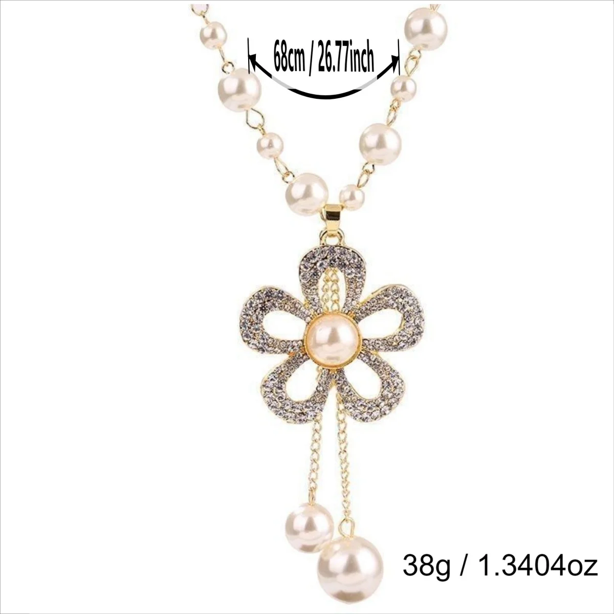Elegante französische Strass-Perlenblumen-Halskette mit langer Kette für Damen und Herren, zarte florale Quasten-Choker-Schmuckstücke – Detail 23