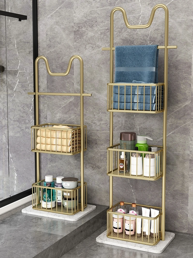 

Nordic Light Luxury Bathroom Shelf Floor Multi-Layer Toilet Bath Towel Rack Towel Storage Shelf Waterproof