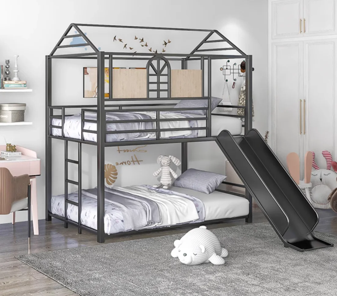 Children's bed, up and down, two layers, high and low, mother and child bed, with sliding slide combination ladder cabinet, prin