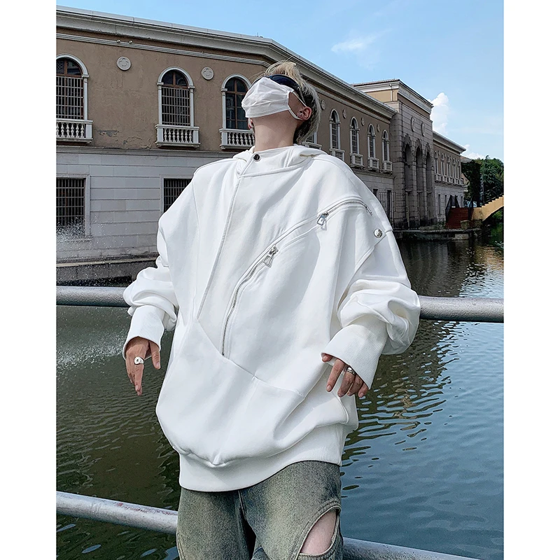 

Мужская толстовка в американском уличном стиле, свободного кроя, на молнии, с деконструированным дизайном, премиум-класса, из полиэстера, однотонная, повседневная.