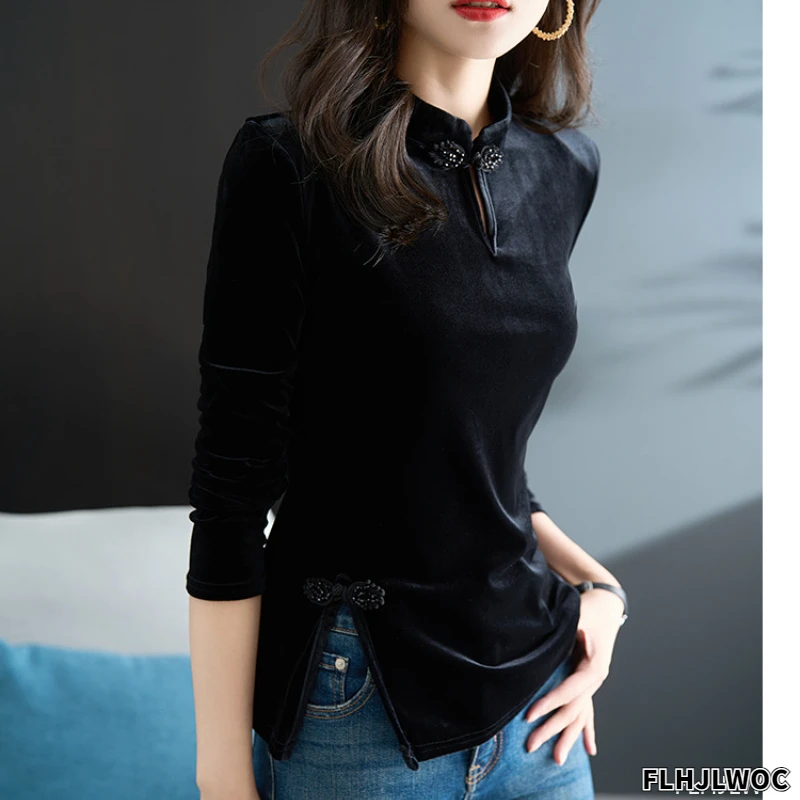 Chinese Style Chi-pao Collar Design Black Velvet Tops New Year 2024 Spring Women Date Girls Button Slit Shirt Blouse Vintage