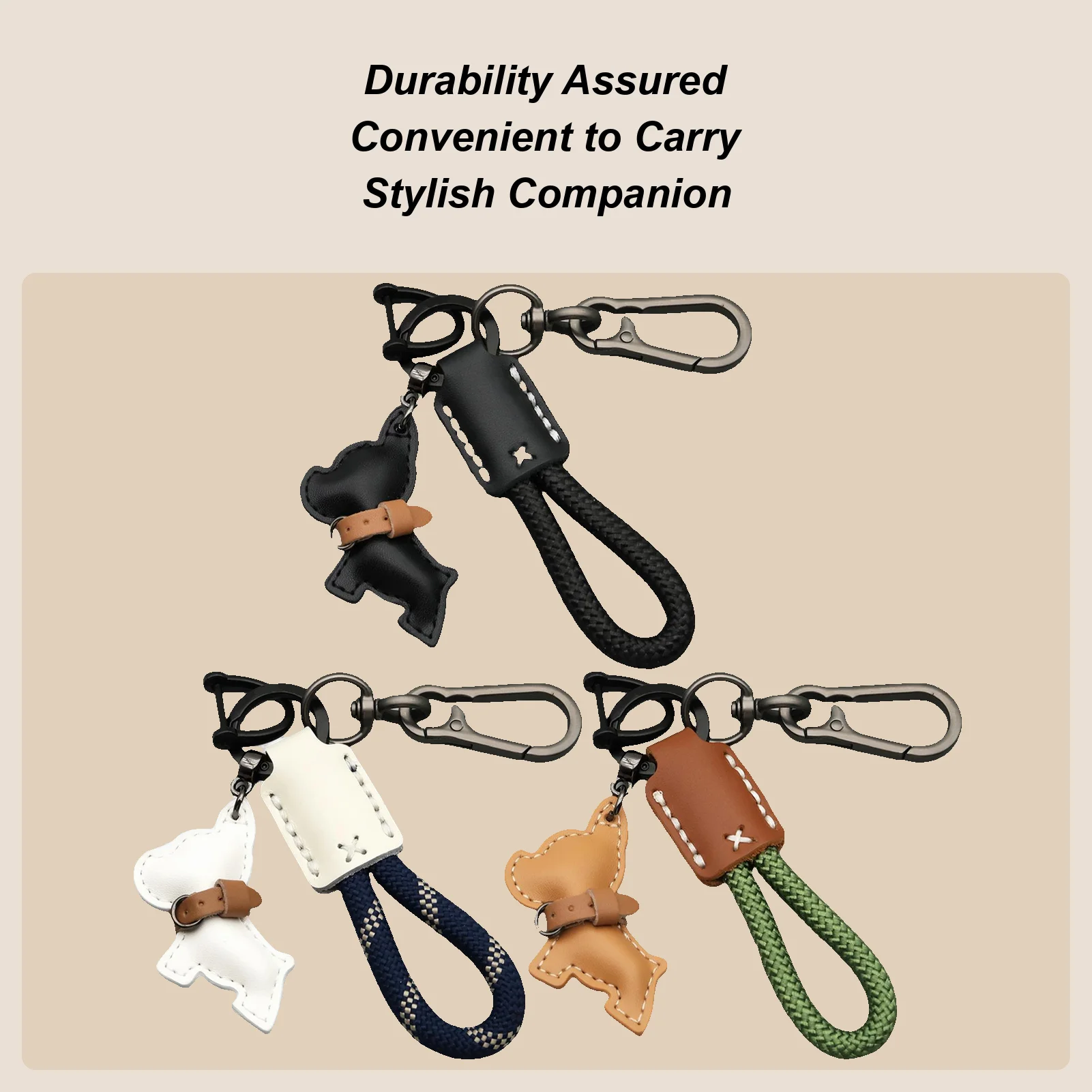 Leather Dog Keychain with Woven Rope - Metal Pendant for Backpack Purse Car Keys Christmas Birthday Gift for Kids Adults