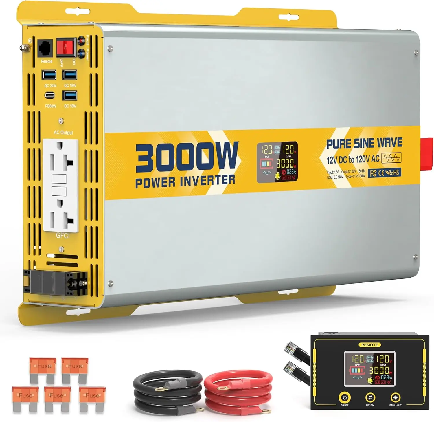 

3000W Pure Sine Wave Power Inverter 12V DC to 120V GFCI AC Converter with LCD Display and Remote for Home, RV, Truck, Off-Grid S