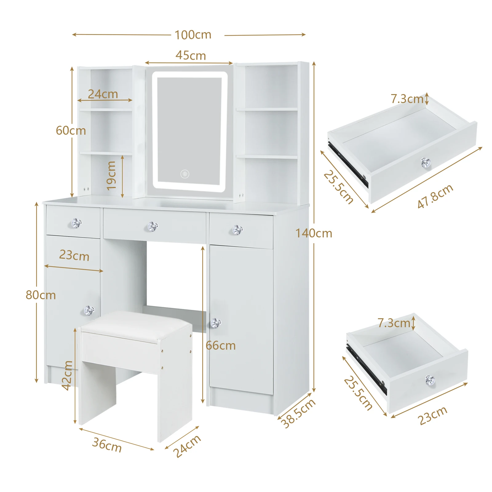مكتب زينة من الخشب الطبيعي البسيط - مرآة LED قابلة للتعتيم، 3 مستويات سطوع وأدراج مقسمة #6