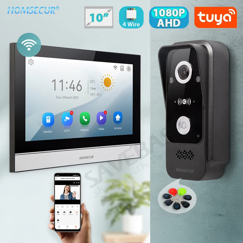 Tuyasmart APP 4 سلك 10 "فيديو باب الهاتف الداخلي HD IP65 كاميرا جرس الباب 13.56Mhz البطاقة الممغنطة فتح كشف الحركة تسجيل #1