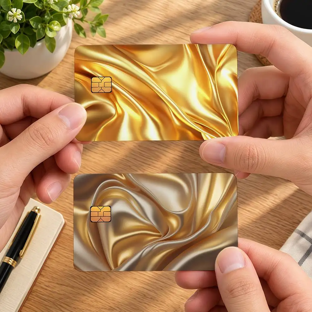 Metallic Gold Waves Silk Pleat Texture Ideal Gift Wrapping Option Credit Card Cover Stickers Original Design Card Stickers