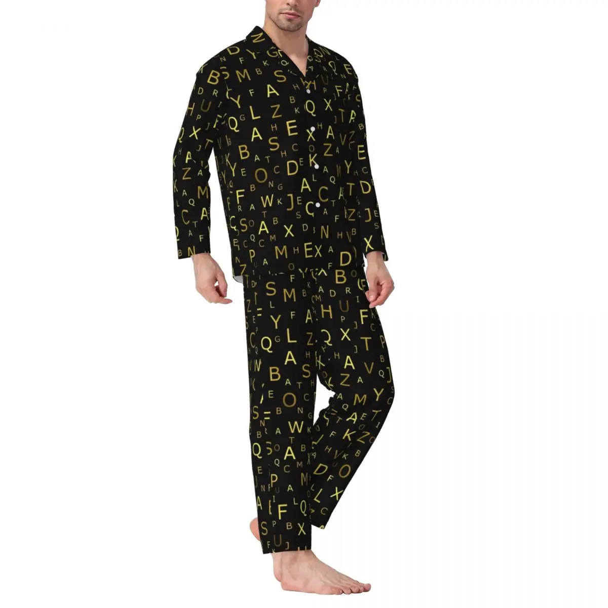 Golden Letter Sleepwear Autumn Alphabet Print Casual Loose Oversize Pajama Sets Male Long Sleeves Leisure Graphic Home Suit