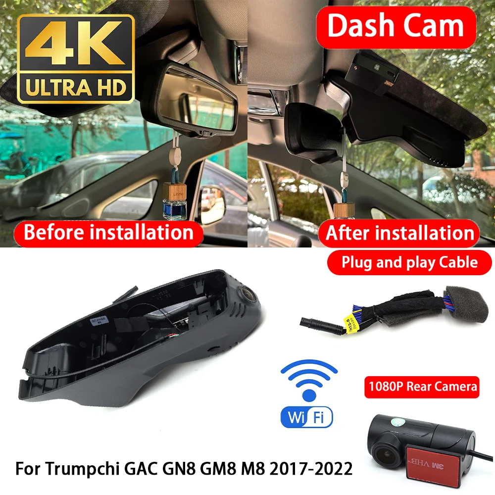 Cámara para Auto 4K con Wifi, Grabación en Bucle, Plug & Play, para Trumpchi GAC GN8 GM8 M8 2017-2022, Grabación Delantera y Trasera