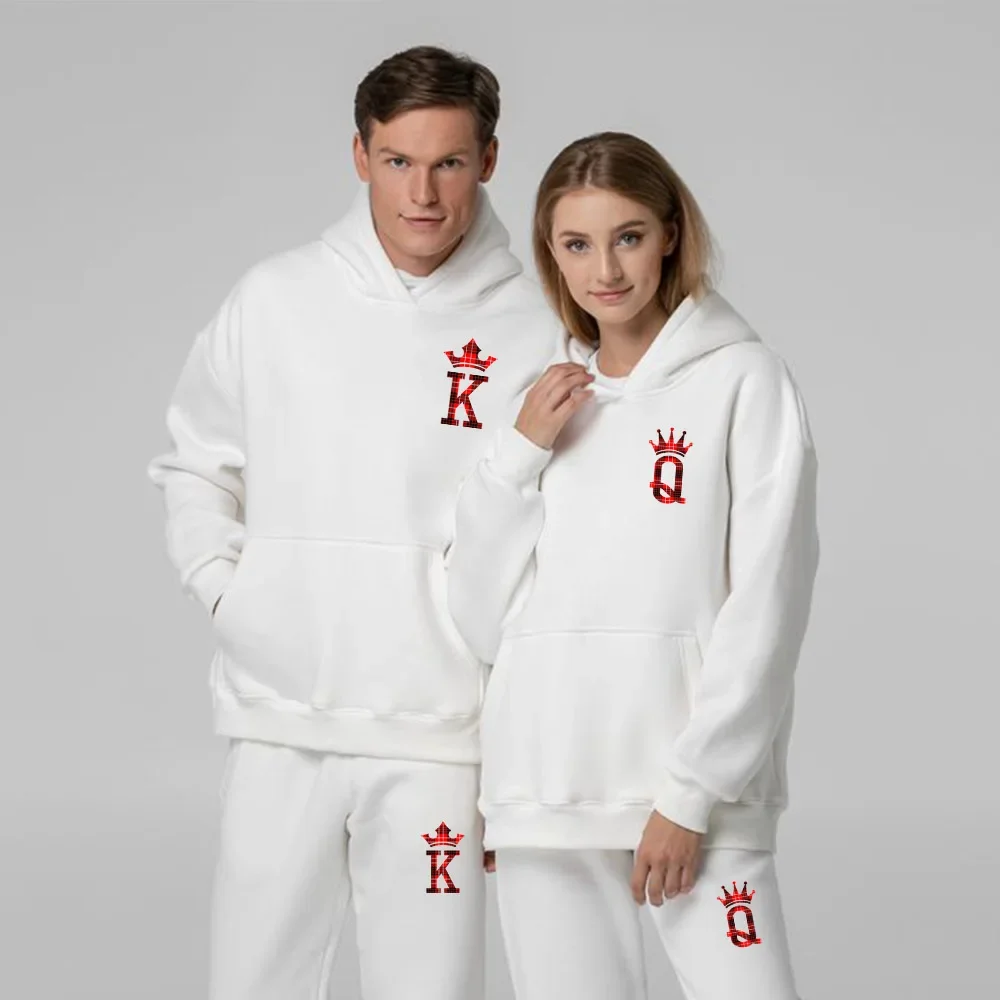 Couple K Q Printed Tracksuit Fleece Hoodies+Pants Hoody Set Men\'s Women\'s Oversized Dating Casual Pullover Clothing Sweatshirts