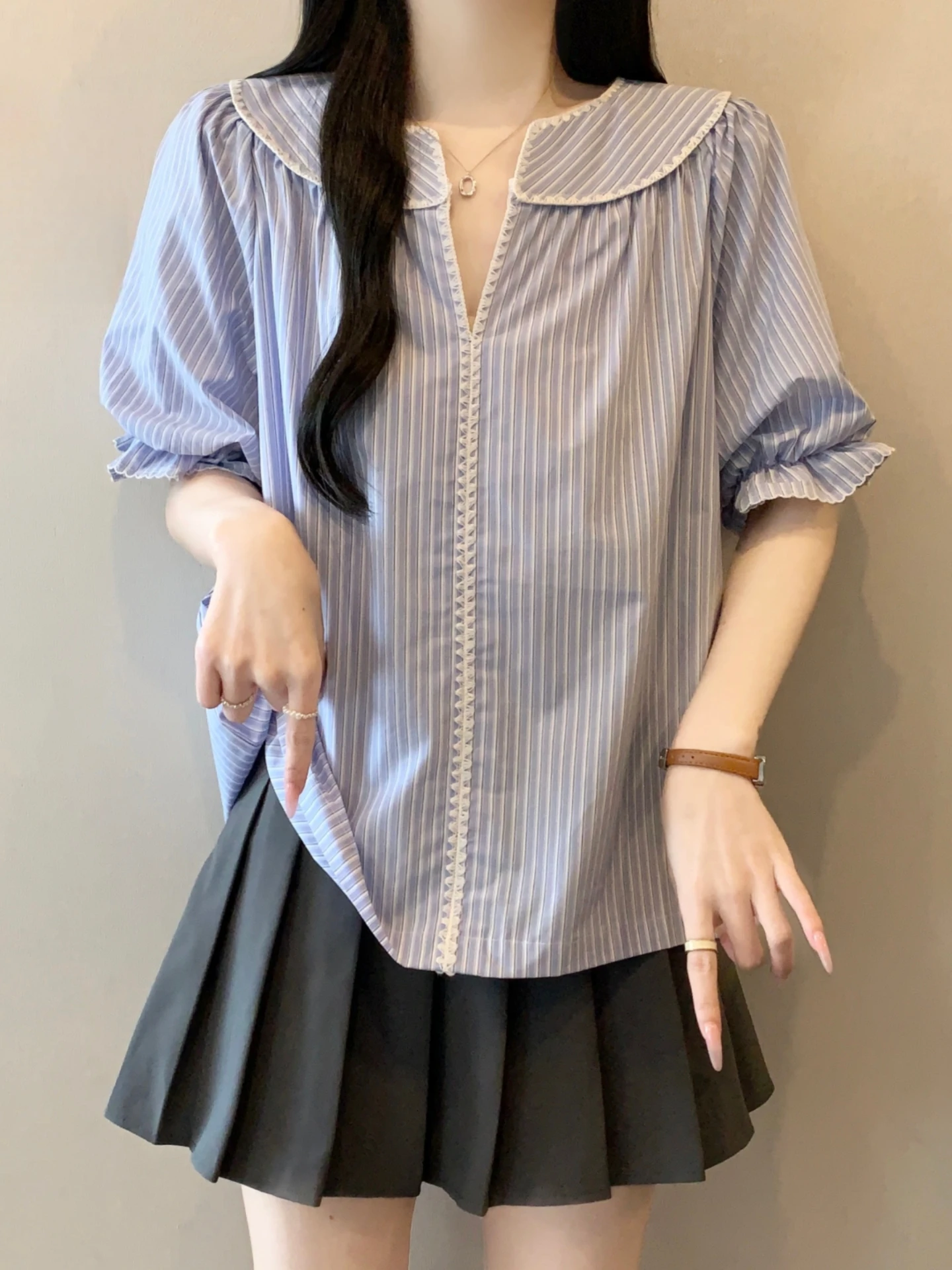 

Slimming Striped V-Neck Short Sleeve Base Shirt Women's Summer New Large Size Fat MM Doll Collar Top Korean Style Commute Wind