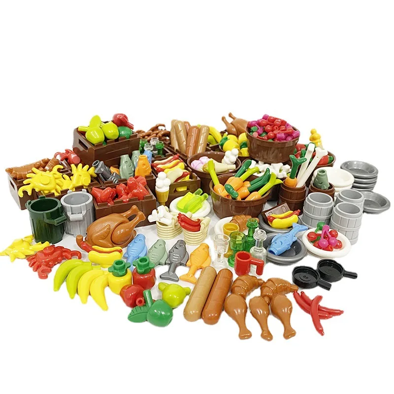 MOC City Food Building Blocks Mini Accessories Apple Fish Hot Dog Ice Cream Chicken Pizza Figures Bricks Kit Compatible Toy K041