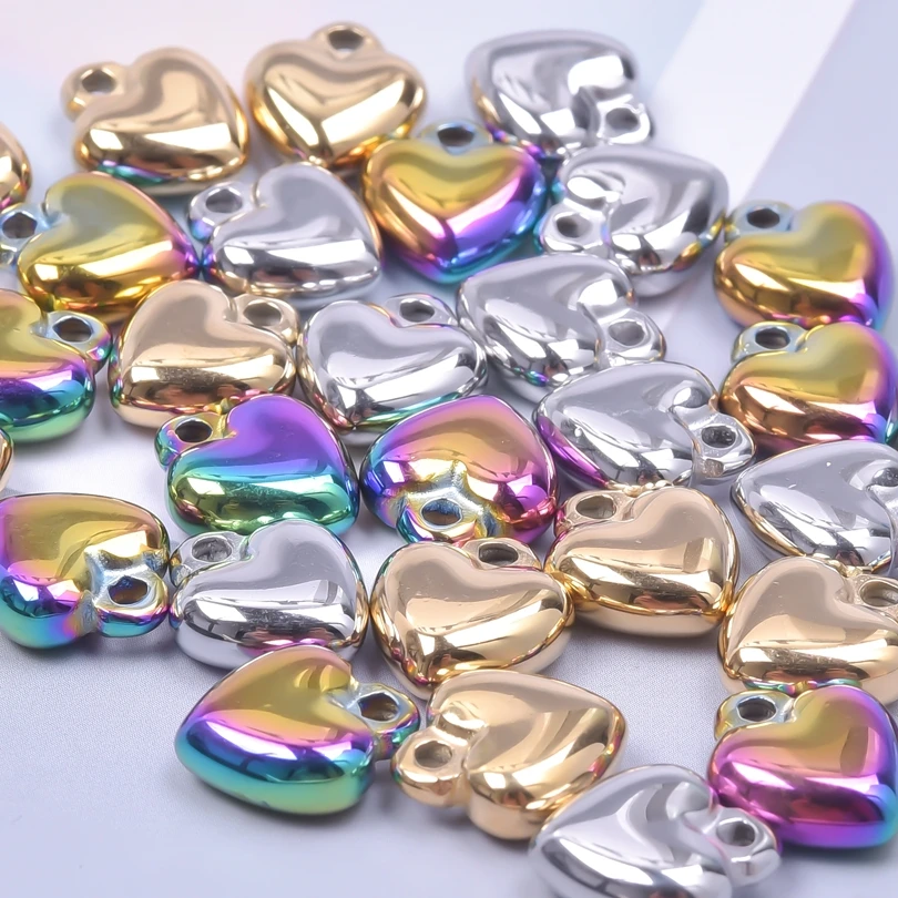 10pcs Gold Plated Rainbow Color Heart Shape DIY Jewelry Making Pendants for Necklace Earrings Stainless Steel Charms Accessories