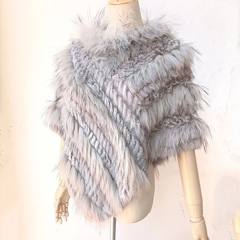 2023 Natural Raccoon Fur Poncho Short Cute Women Casual Genuine Fur Cape Winter Female Natural Rabbit Fur Ponchos