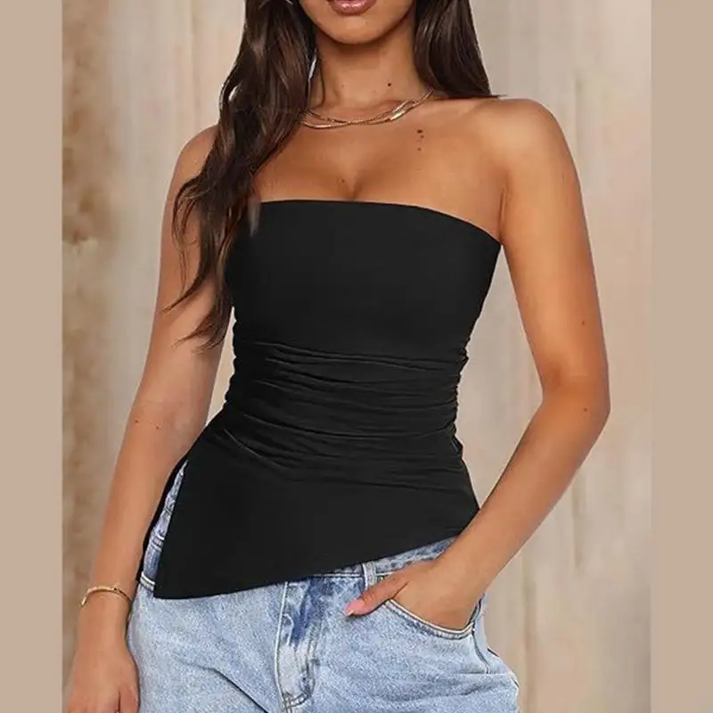 F42F STRAPLING RUCHED TUP TOP TOP للنساء الجانبي الشق المركبة