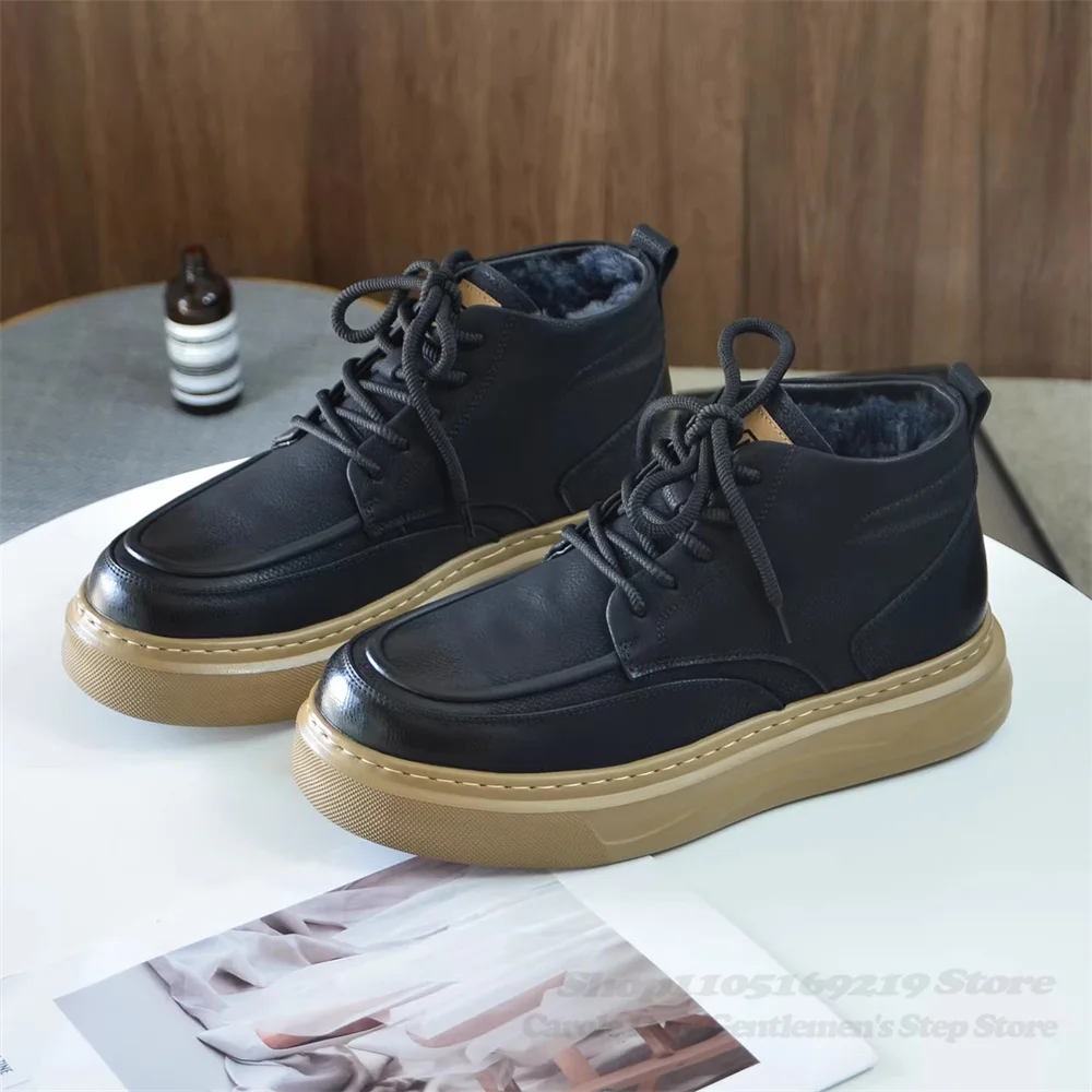 Leather Lace Up Snow Boots for Men 2026 New Sheepskin and Wool Integrated High Top Retro British Style Thick Soled Cotton Shoes