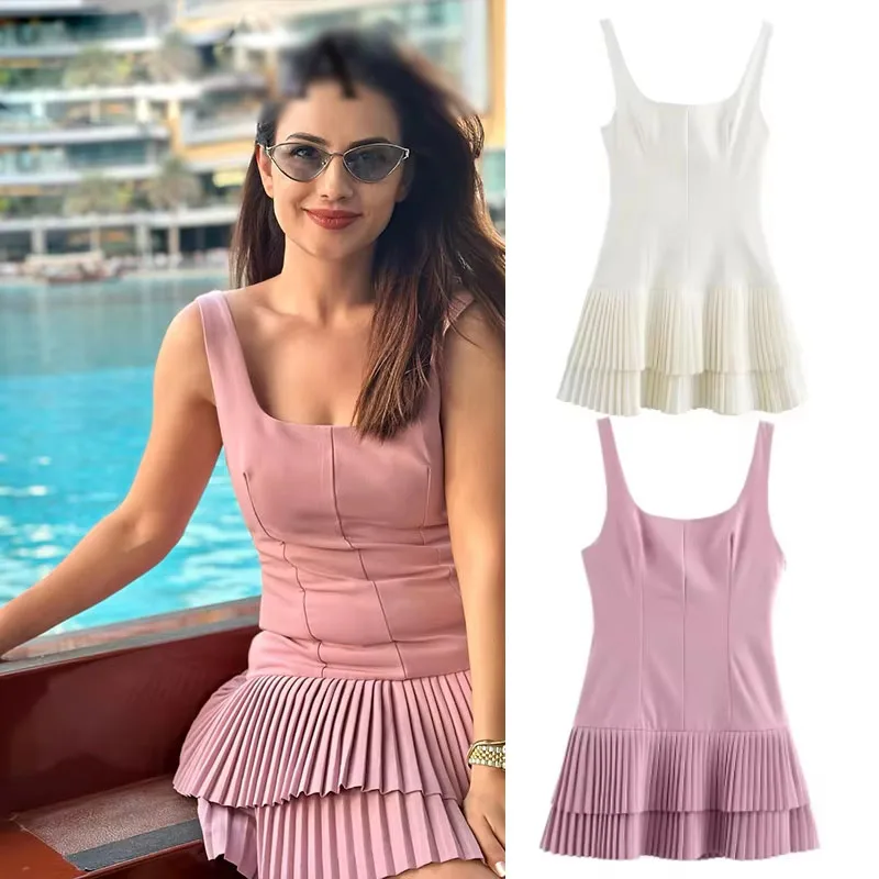2025 Mujer Chic High Street Slim Vestidos de playa vestido plisado mujeres verano cuello cuadrado blanco sin mangas Mini vestido