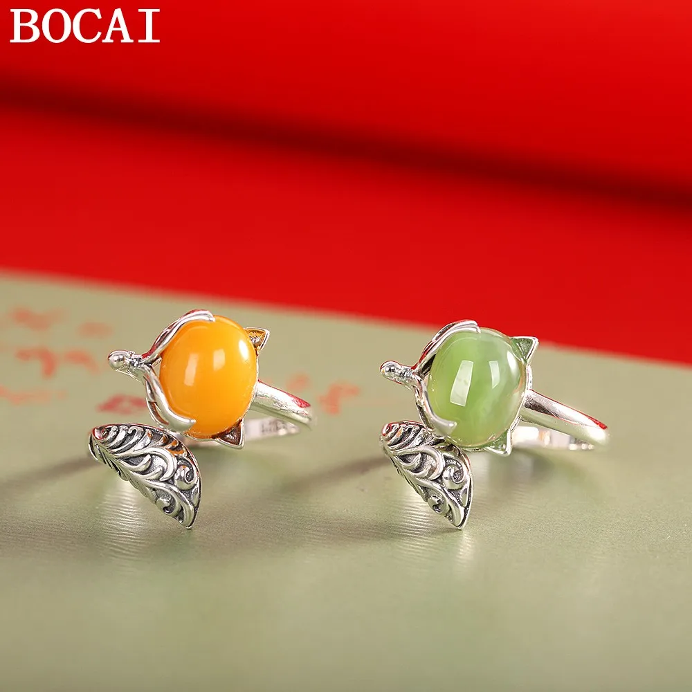 

Новый набор BOCAI из серебра S925 в ретро-стиле с кольцом с зеленым нефритом и изображением лисы, подарок для женщин