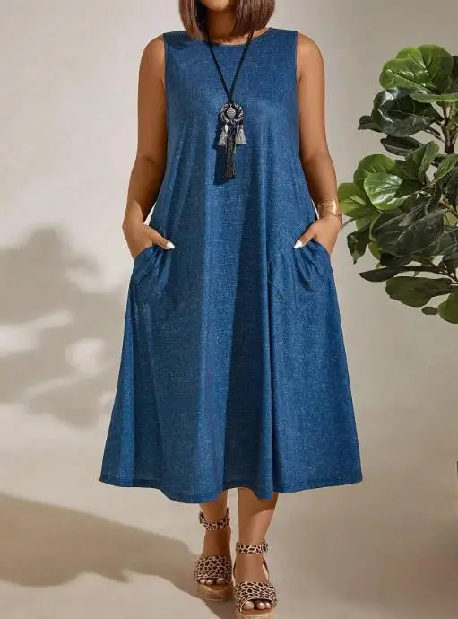 

2025 Summer Women, Elegant and Casual A-Line Loose Solid Color Dress Commuter Round Neck Solid Color Sleeveless Pocket Dress