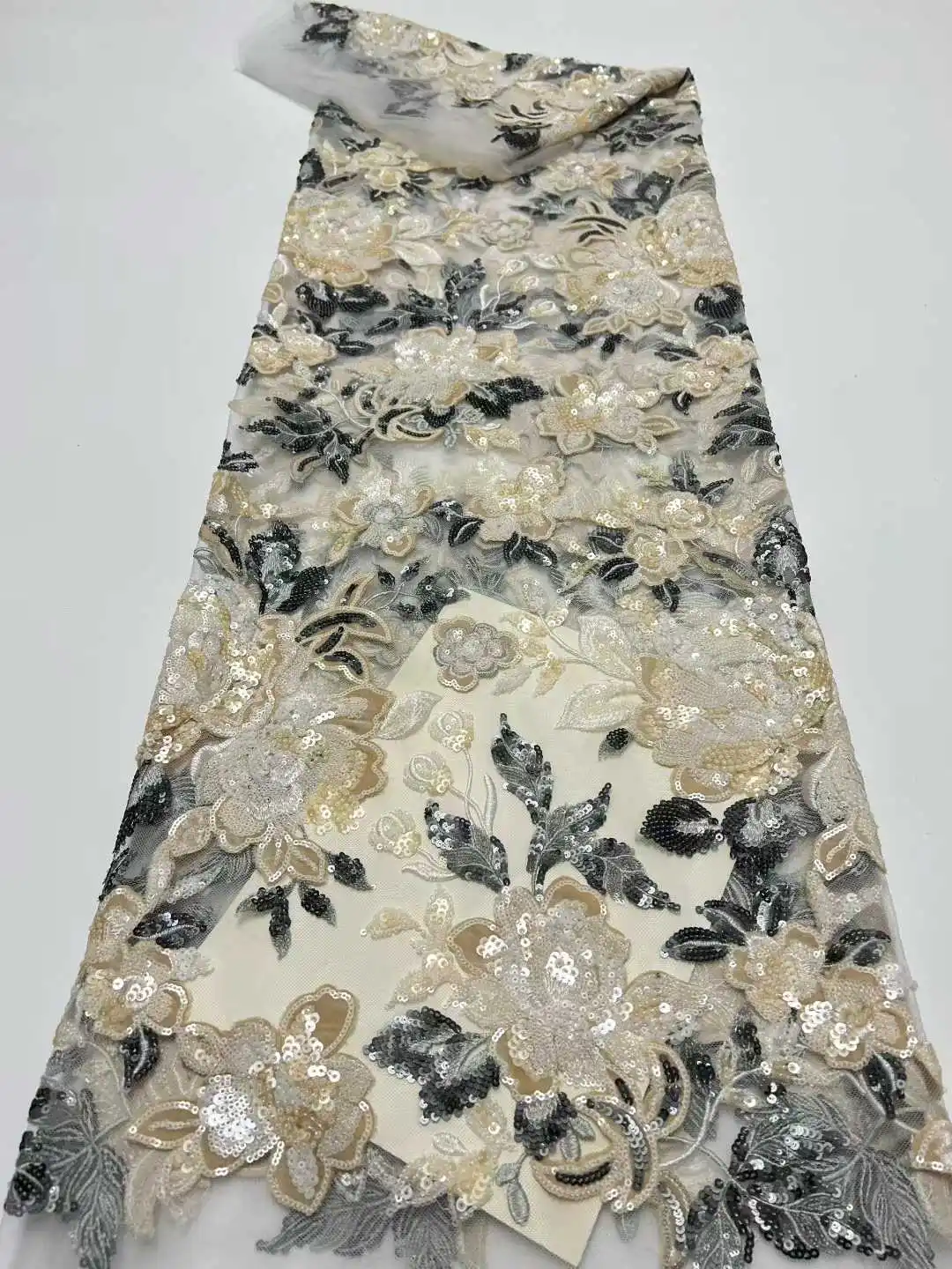 African Sequins Lace Fabric High Quality Lace Nigerian French Tulle Beaded Lace Fabrics For Sewing Wedding Party Dresses