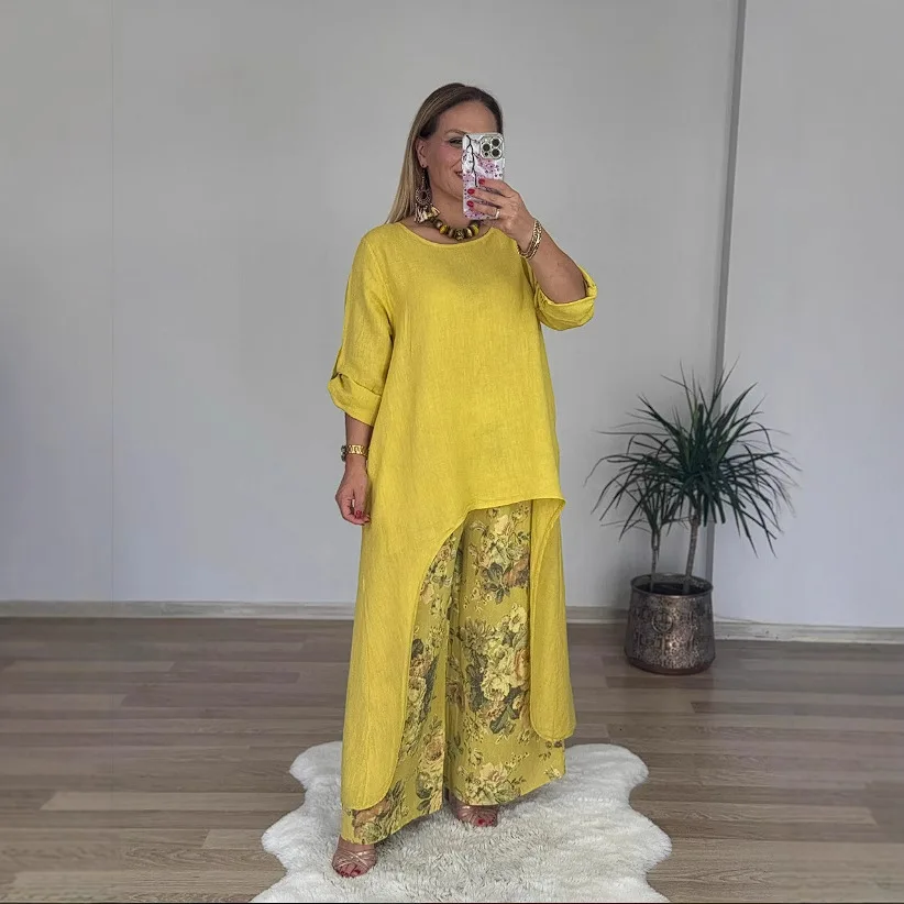 

New Women's Set Casual Simple Cotton Linen Solid Color Irregular Long Sleeved Top Printed Long Pants Spring Summer Two-piece Set