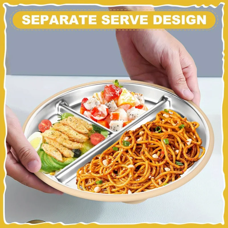 

Детские тарелки из нержавеющей стали, 2 шт., раздельные детские тарелки размером 8,27 дюйма, предназначенные для младенцев, чтобы съесть самостоятельно.