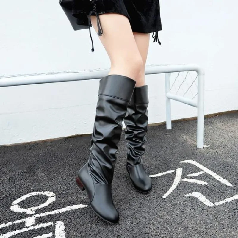 Women\'s Boots Winter Knee High Shaft Black Footwear Round Toe Leather Long Shoes For Woman White Stylish And Low Price Hot