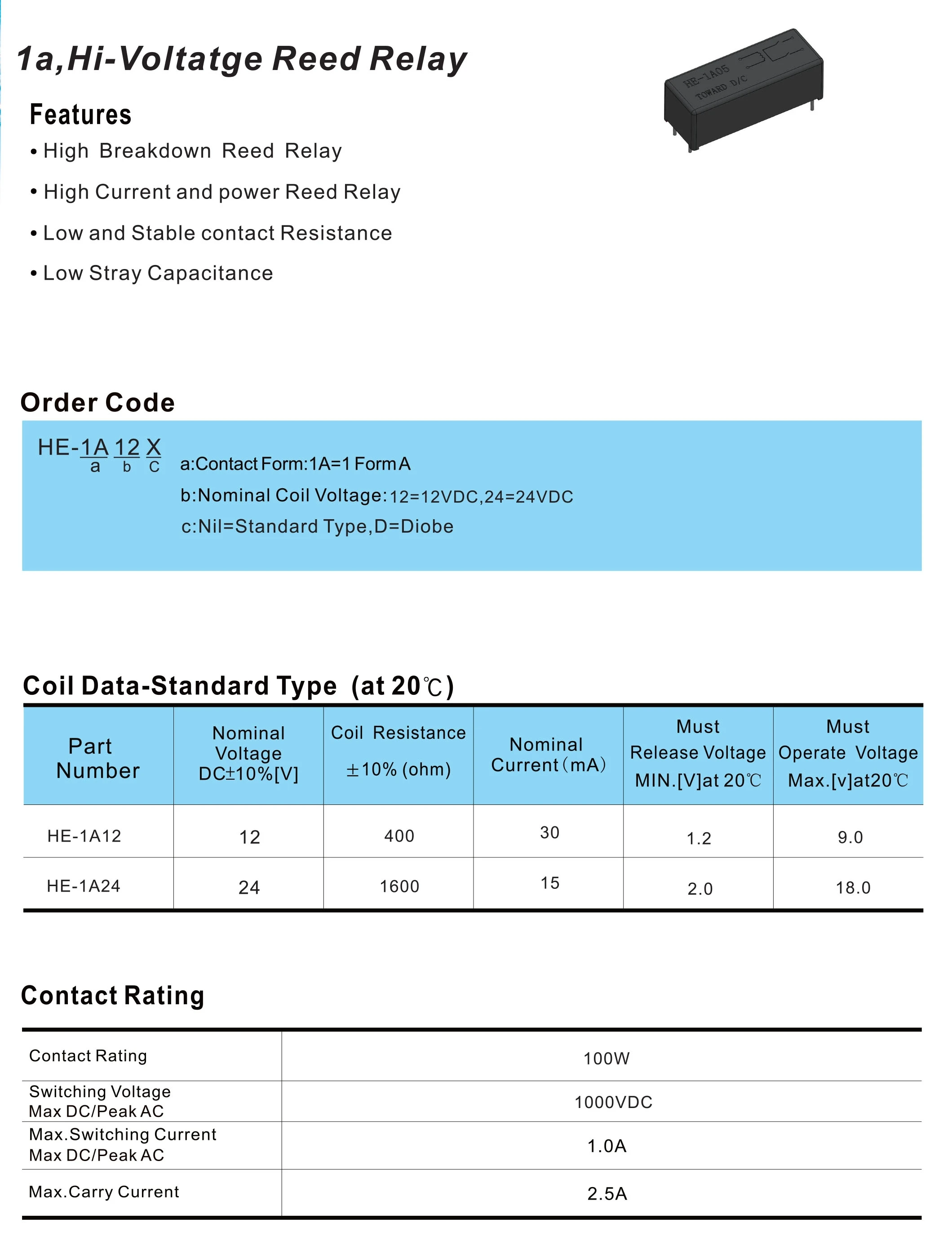 HE-1A12 HE-1A24 reed relay DC12V 1 open