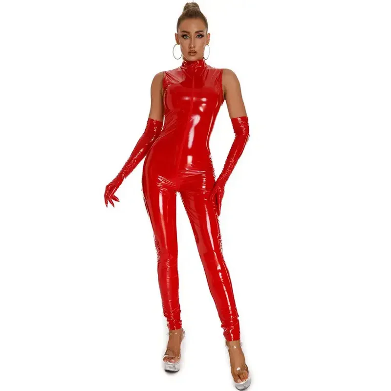 Sleepveless PVC Catsuit Two Way Zipper Open Crop Bodysuit Shiny PU Leather Cosplay Jumpsuit Leotard Tight Sexy Clubwear Unit MN4