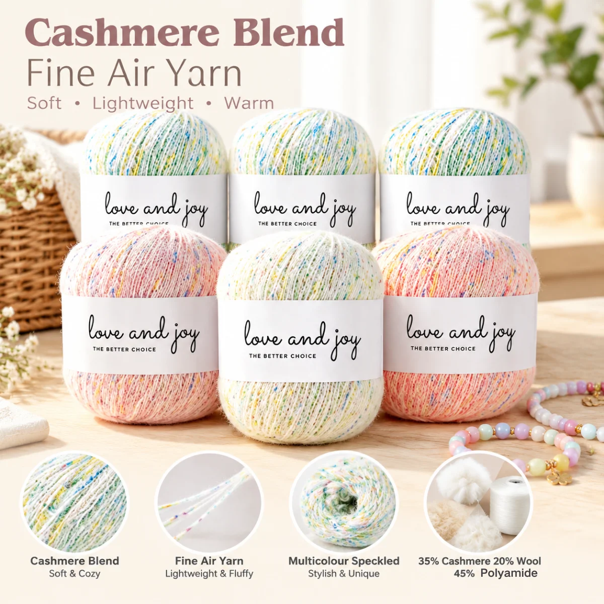 6 Balls Cashmere Blend Fine Air Yarn, 35% Cashmere 20% Wool 45% Polyamide Fancy Knitting Yarn
