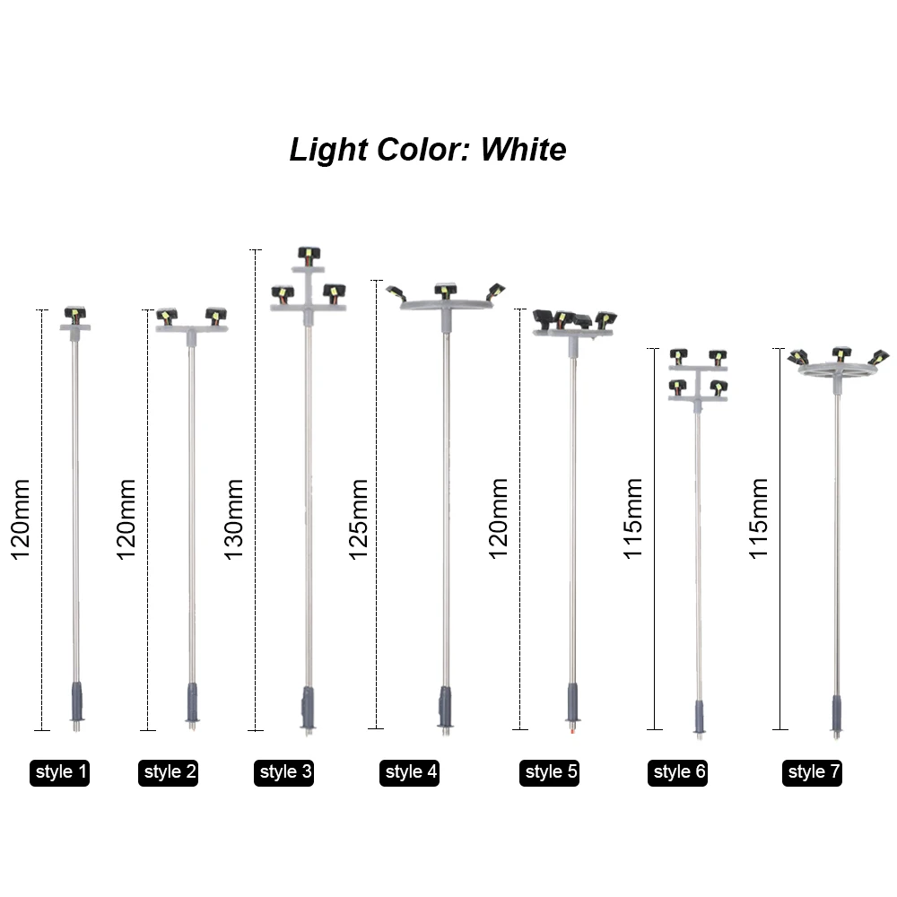 5 szt. Modelowe lampy uliczne, lampy drogowe, lampy kolejowe, lampy ogrodowe, lampy na plac zabaw, sceneria, oświetlenie LED, skala 1:100, 115 mm