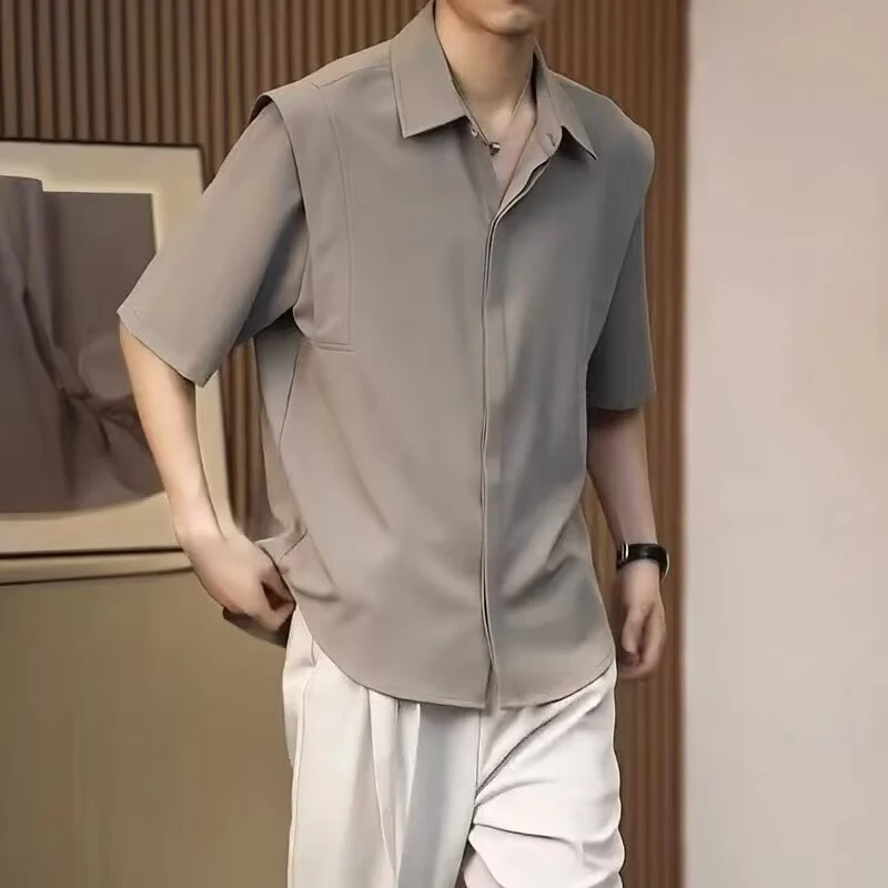 2026 Summer Men's Ice Silk Short Sleeve Shirt, Korean Style Solid Color Casual Wrinkle-Free Top with Drape