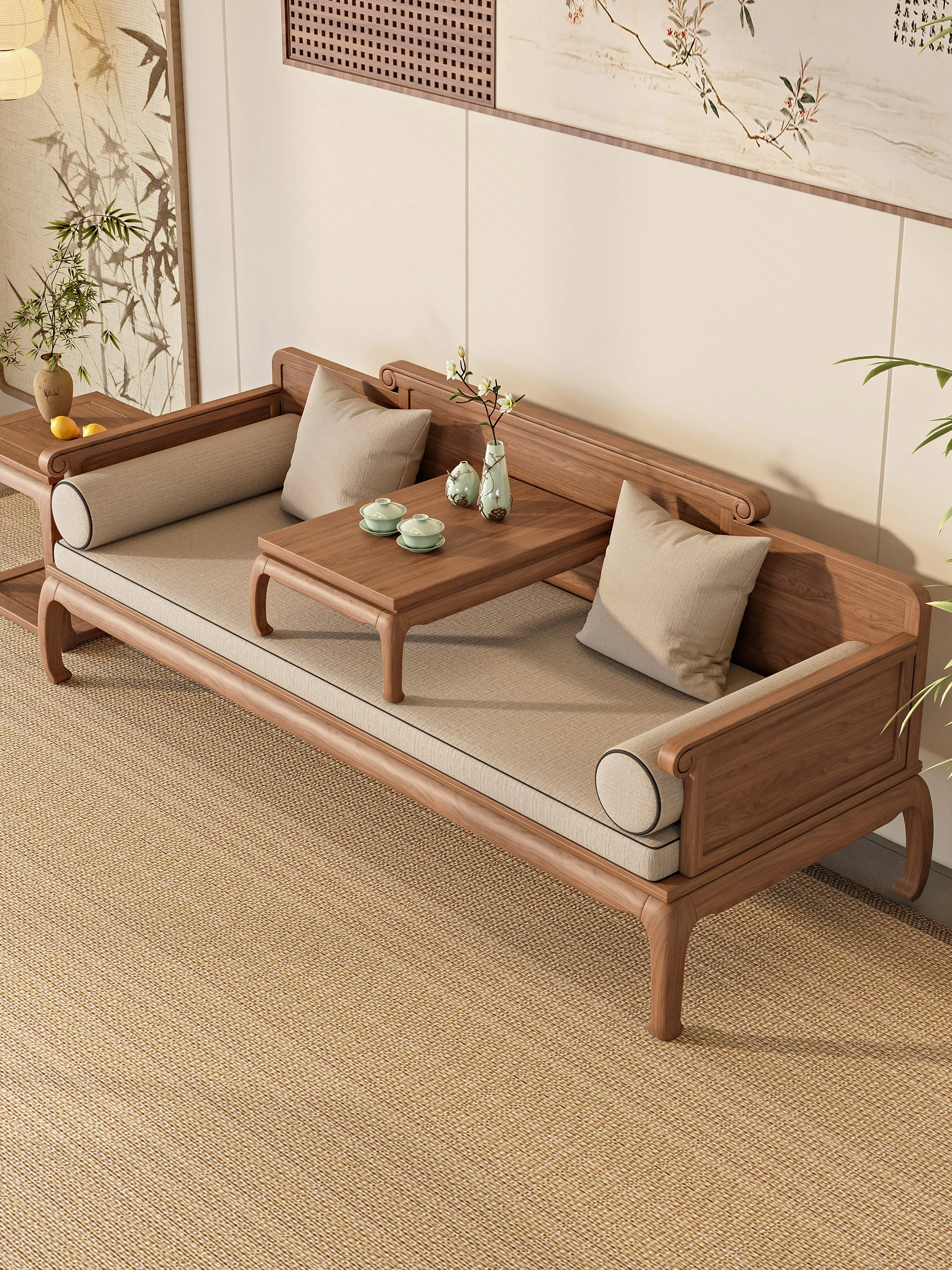 New Chinese-style solid wood sofa living room high-end Song-style aesthetics winter and summer dual-purpose straight row
