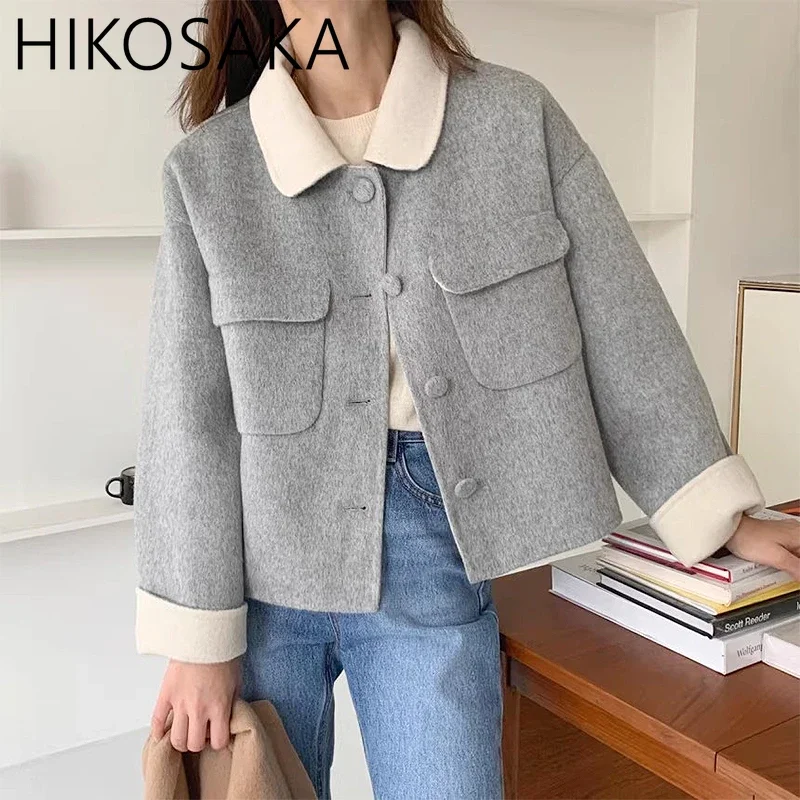 Simple Elegant Contrast Color Turn-down Collar Jackets Single Breasted Loose All-match Long Sleeve Top Autumn Winter Woolen Coat