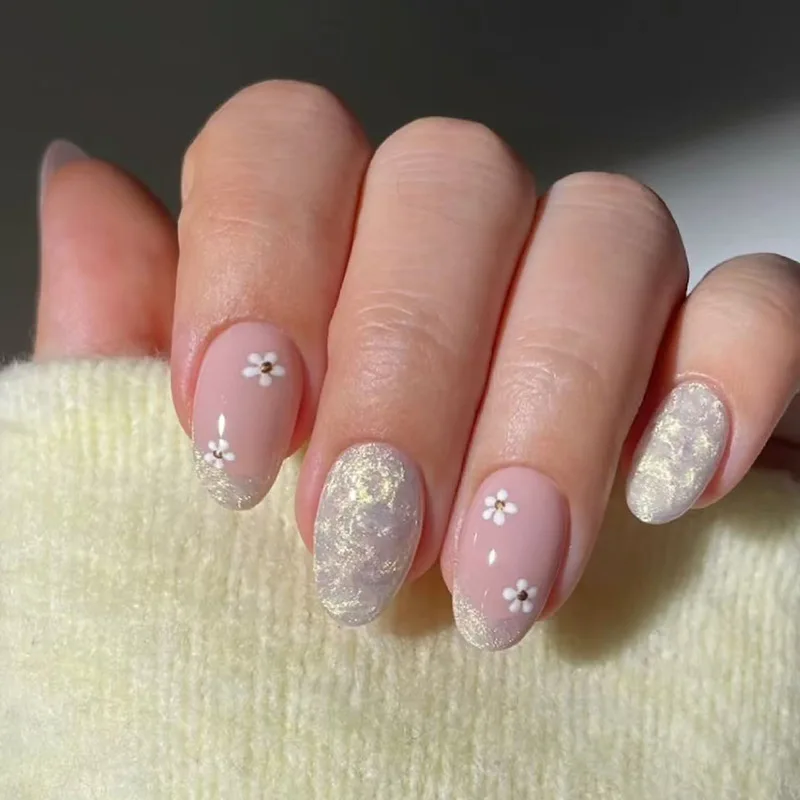 

24Pcs Short Round Fake Nail 3D Ripple Cat's Eye French Design Press on False Nails Flower Pattern Reusable Full Cover Nails Tips