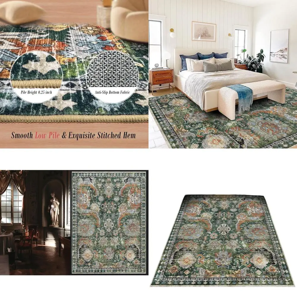

Green Vintage Tribal Pattern Area Rug, 5x7 Feet, Washable, Stain and Water Resistant, Non-Slip, Suitable for Living Room, Bedroo