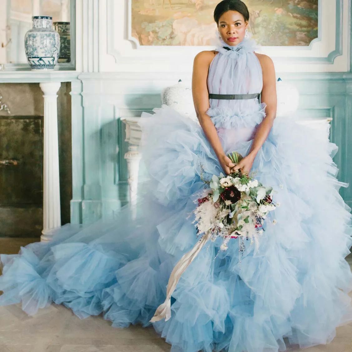 Beautiful Light Blue Fluffy Tiered Tulle Bridal Dresses Backless Halter Long Tulle Wedding Gowns Garden Party Dress