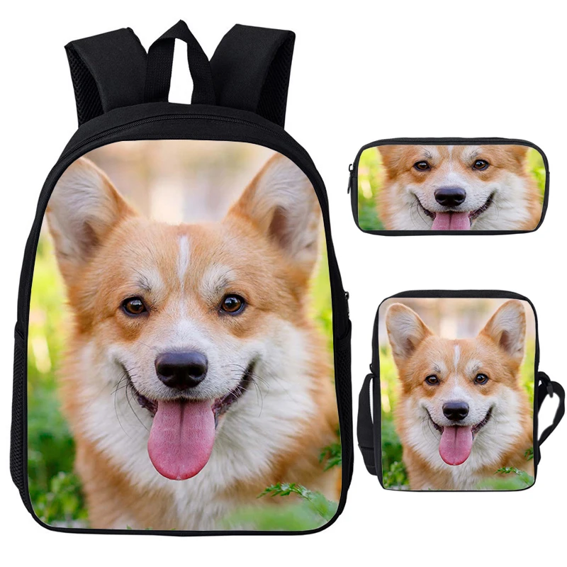 Mochila escolar con estampado de perro Corgi para niños y niñas, mochilas Husky de gran capacidad, mochila para computadora portátil, mochila de día, Juego de 3 piezas