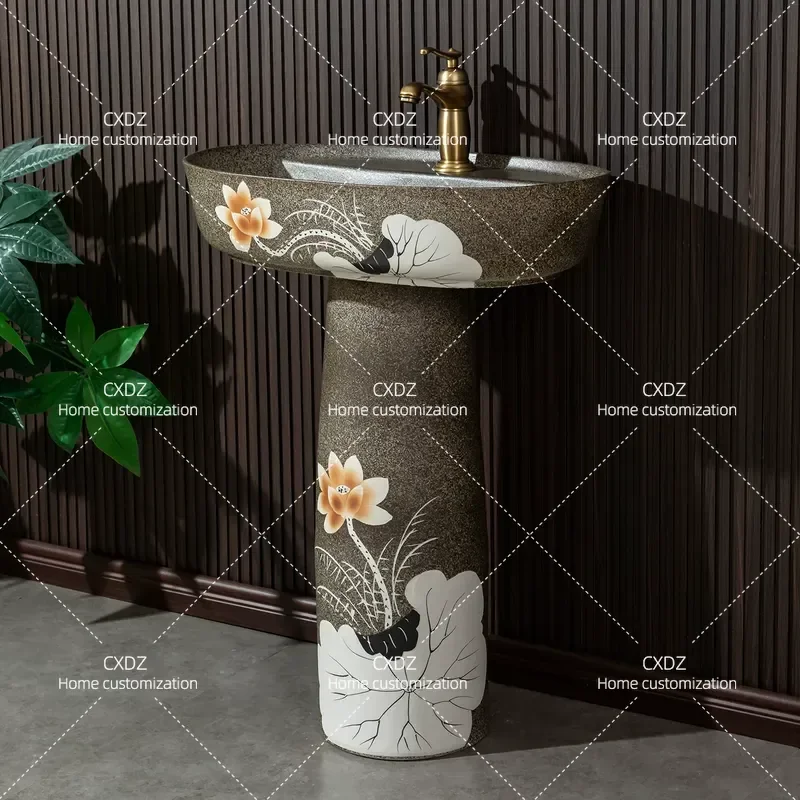 Ceramic Pillar Basin Integrated Washbasin Retro Art Floor Standing Sink Outdoor Bathroom Vanity Unit Pedestal Lavabo