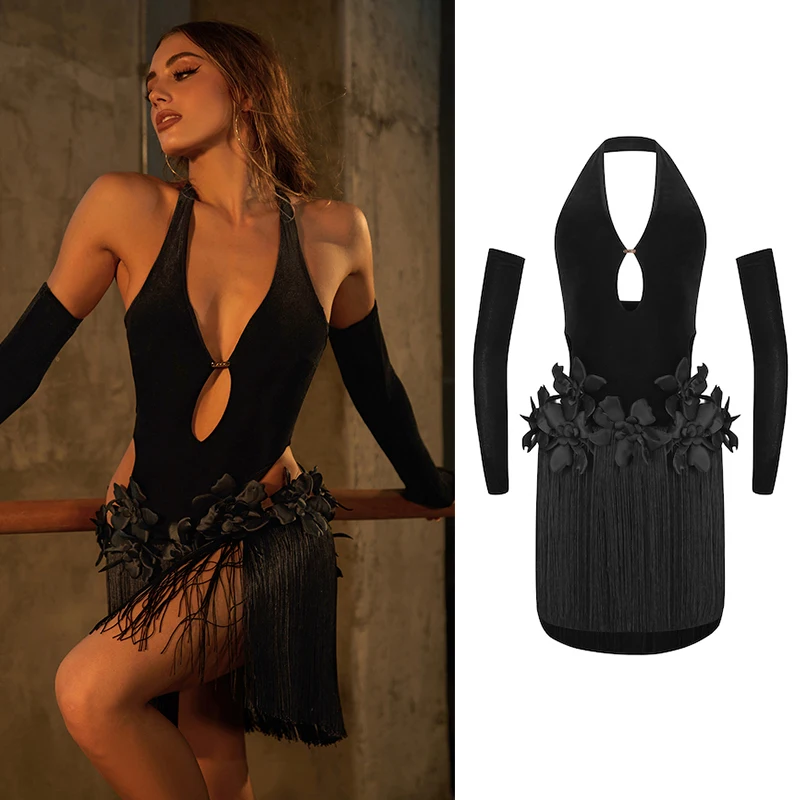 

ZYM Latin Dance Clothes Women Sexy Backless Black Velvet Dress Party Rumba Cha Cha Samba Dance Practice Fringe Dress DNV25383