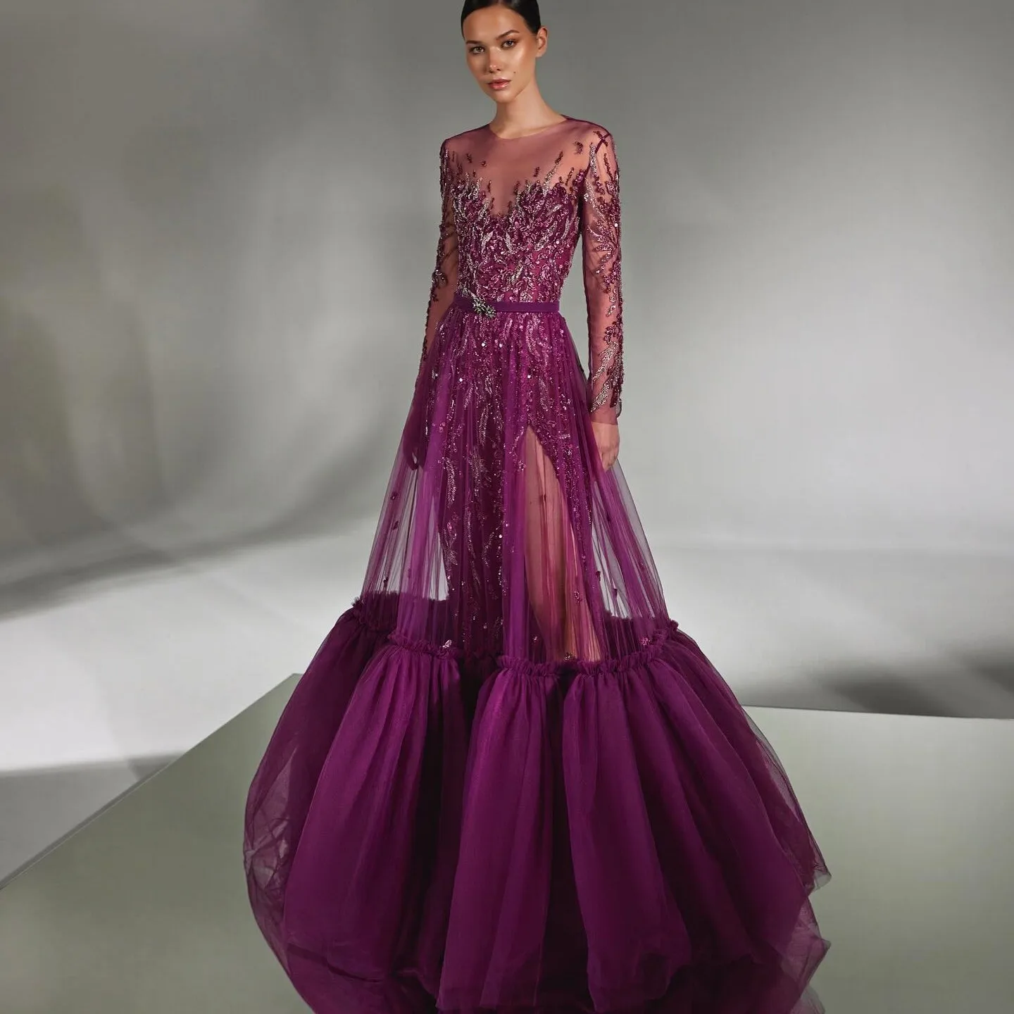 

See Thru Dark Purple Long Draped Tulle Skirts A-line Illusion Women Overlay Tutu Tulle Maxi Skirts Custom Made