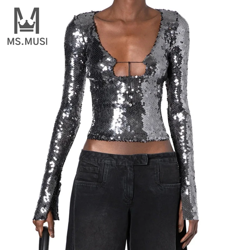 

MSMUSI 2023 New Fashion Women Sexy Lace Up Sequins Long Sleeve Slit Sleeve Lady Blouse Bodycon Party Club Event Slim Short Top