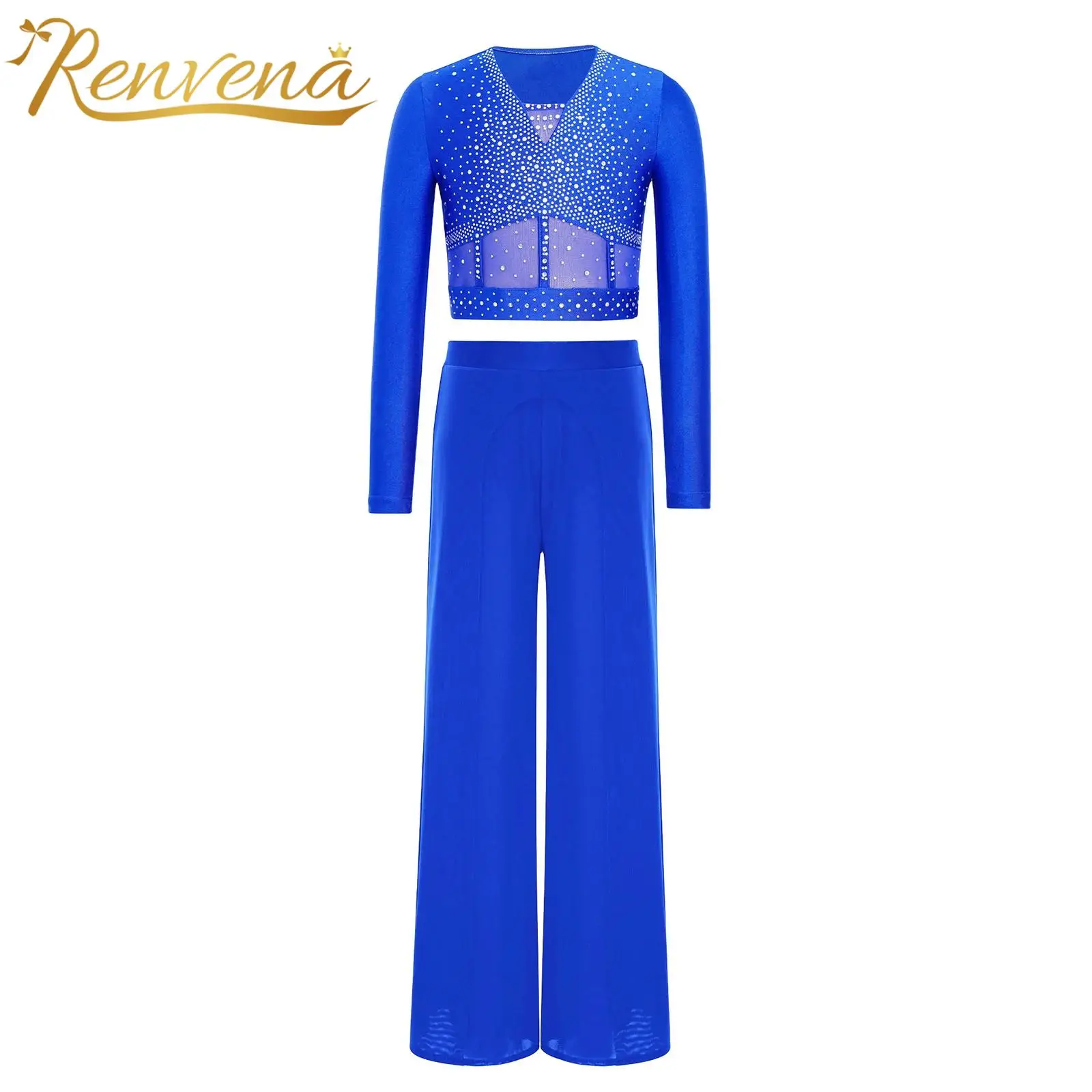 Kids Girls Shiny Rhinestones Ice Figure Skating Outfit Teens Long Sleeve Costume for Dancing Crop Top with Mesh Pants Suits
