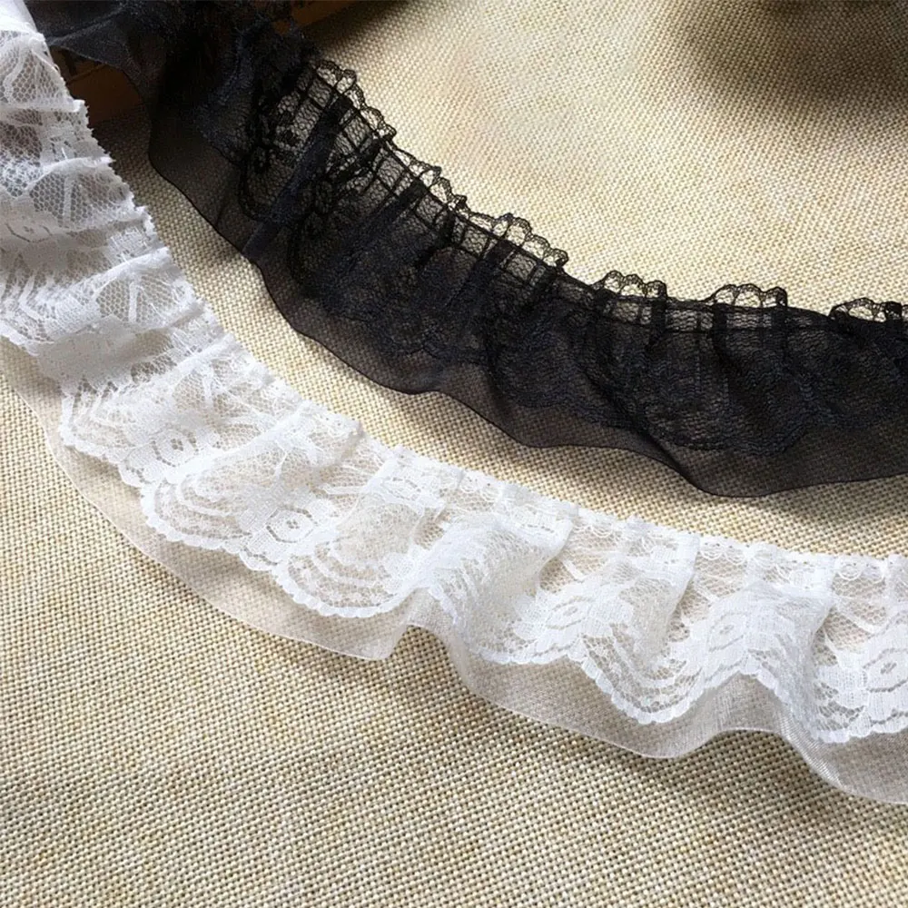 

Eco-Friendly 5cm Chiffon Lace Ruffle Trim Double Layer Wrinkle Applique Ribbon for Garment 100cm Length BK WH 3D Pleated Fabric