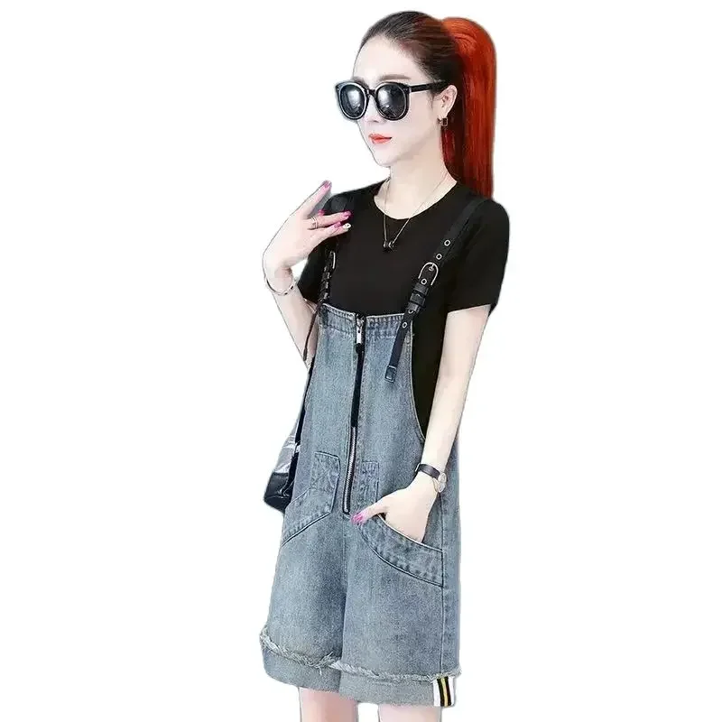 2024 New Summer Denim Suspenders Shorts Women Loose Large Size 3XL Fashion Cowgirl Overalls Pocket Zipper Dungarees Female