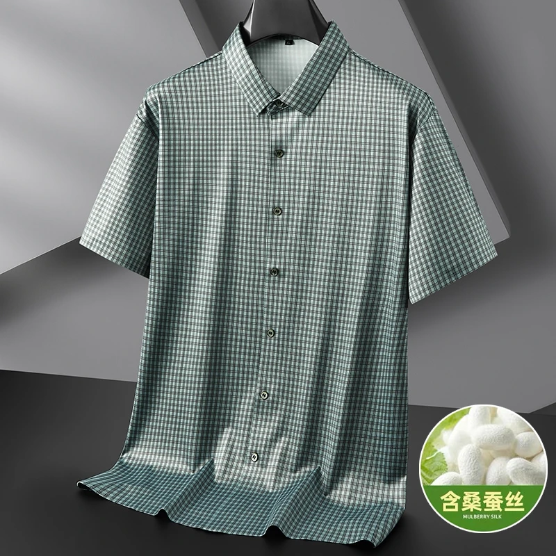

8XL 7XL 6XL 2025 New Summer Chemise Homme High End Ice Silk Breathable Shirt Men Brand Clothing Casual Loose Plaid Mens Shirts