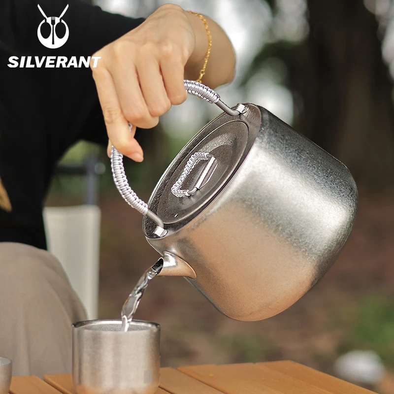 

Pure Titanium Ice Surface Camping Kettle Tea Pot Maker Kettle With Hanging Ear Braided Handle For Picnic 1400ml