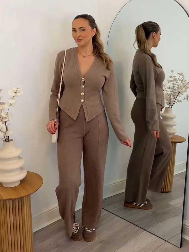 TFMLN 秋のストレートパンツセット レディース シンプルVネック 通勤トップス ファッション ハイウエスト ストリートウェア 女性用パンツ ツーピースセット