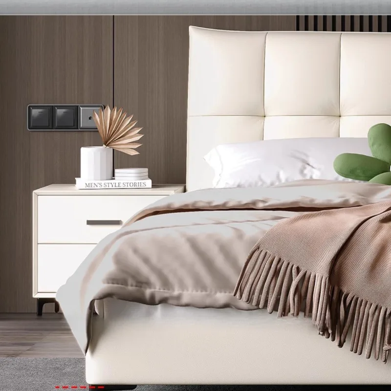 سرير مزدوج أبيض ثقيل مصنوع من الجلد وبسيط وعالي وحديث وإطار سرير مزدوج للتخزين أثاث غرفة نوم كاما الزوجية الفاخرة #5